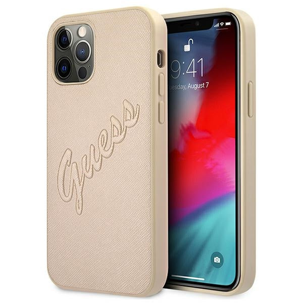 Guess dėklas iPhone 12 Pro Max – auksinis Saffiano -- iPhone 12 Pro Max