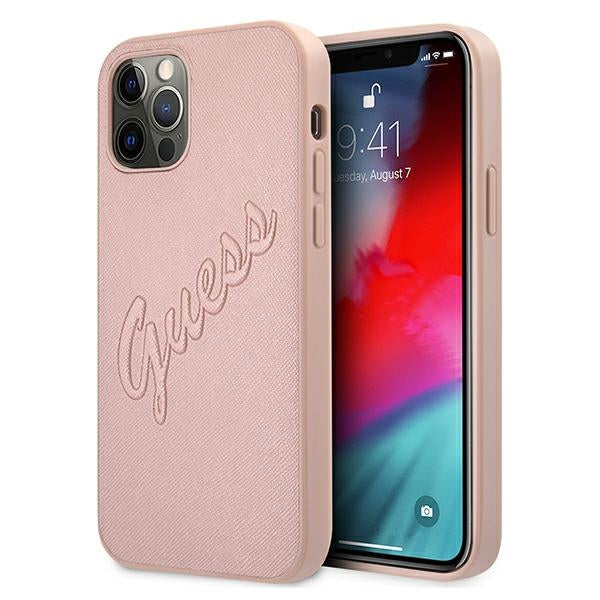 Guess Saffiano Vintage dėklas iPhone 12 Pro Max – rožinis -- iPhone 12 Pro Max