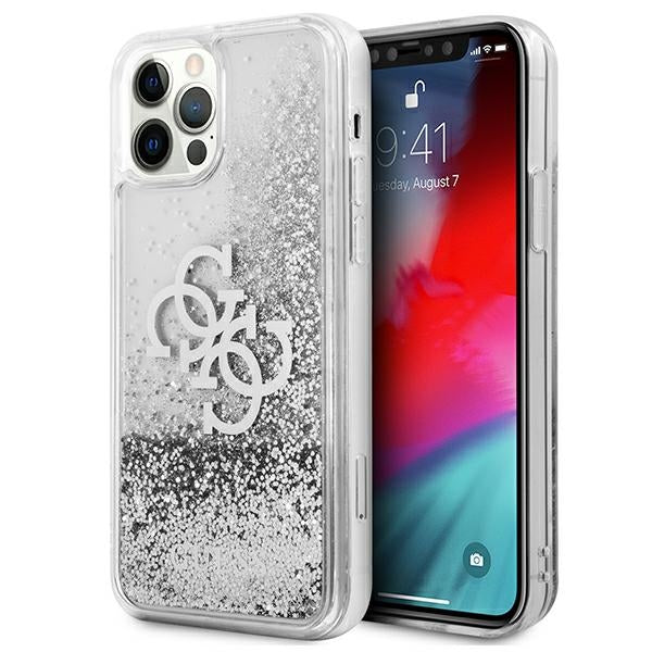 Guess dėklas iPhone 12 Pro Max – sidabrinis Liquid Glitter -- iPhone 12 Pro Max