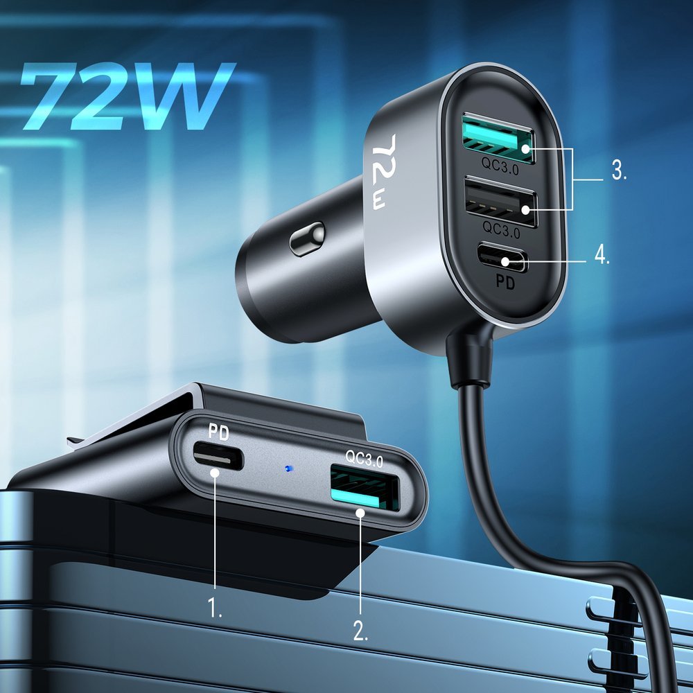 Joyroom automobilinis įkroviklis 2xPD + 2xQC3.0 72W 1.5m juodas (JR-CL05)