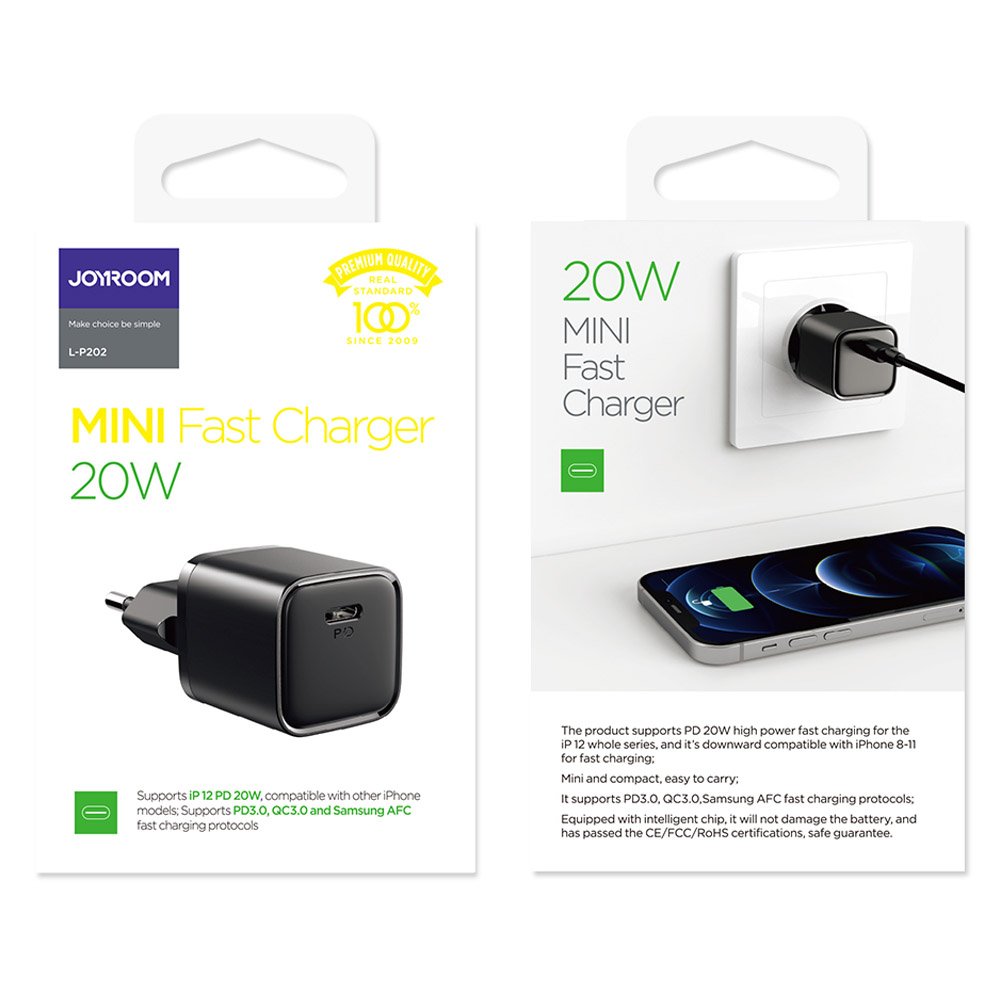 Joyroom greitas sieninis įkroviklis USB Type C 20W Power Delivery Quick Charge 3.0 AFC juodas (L-P202)