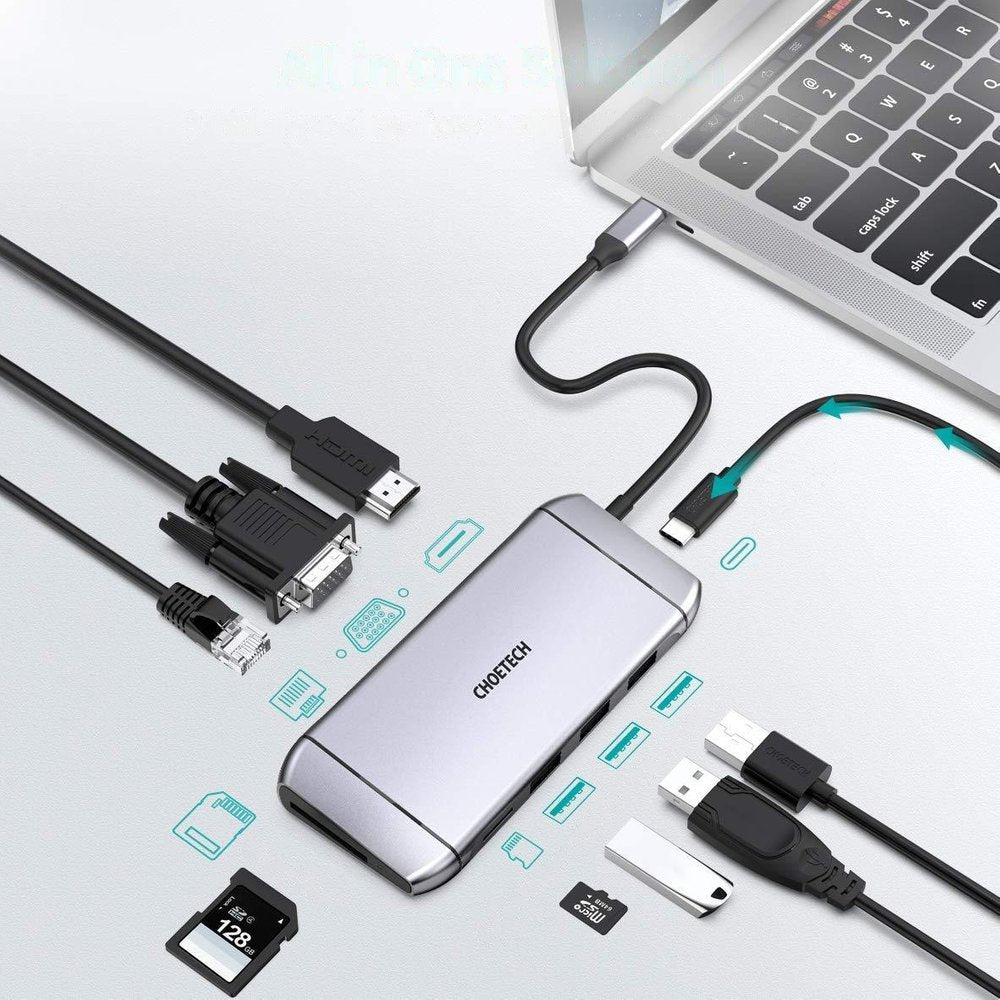 Choetech 9in1 daugiafunkcis USB Type C HUB - 3x USB 3.2 Gen 1 / SD ir TF atminties kortelių skaitytuvas / HDMI 4K 30Hz /...
