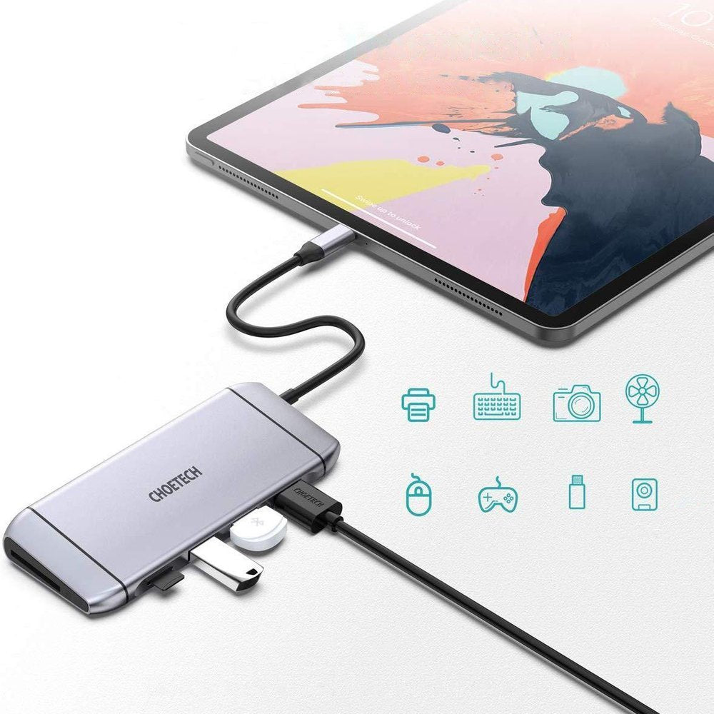 Choetech 9in1 daugiafunkcis USB Type C HUB - 3x USB 3.2 Gen 1 / SD ir TF atminties kortelių skaitytuvas / HDMI 4K 30Hz /...