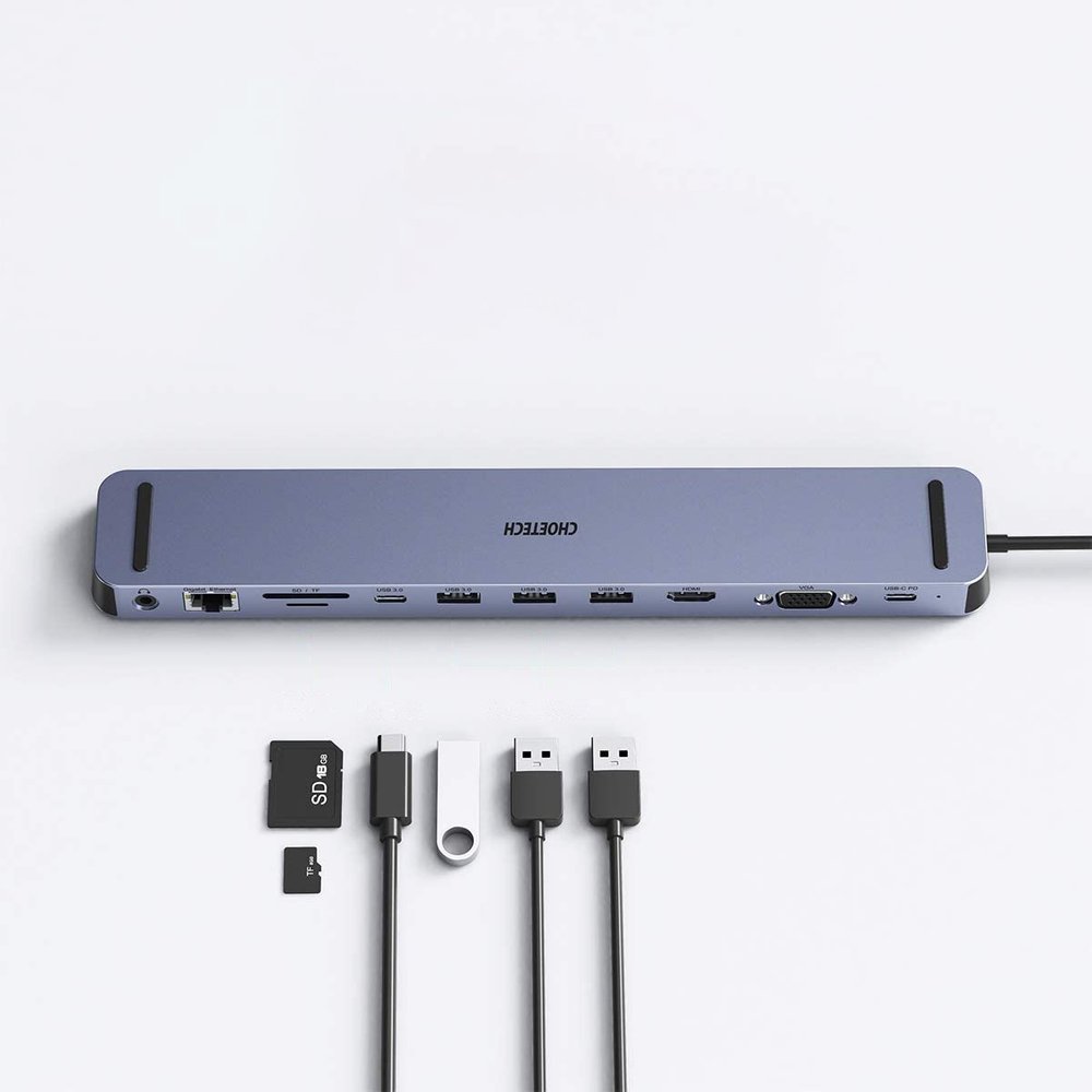 Choetech daugiafunkcis doko stoties adapteris HUB USB Type C 11in1 100W PD pilkas (HUB-M20) -- USB Hubs