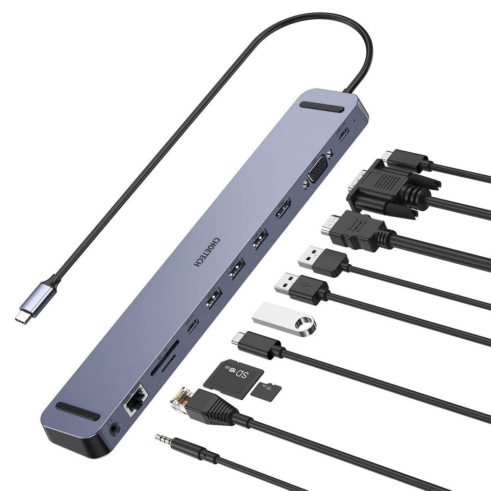 Choetech daugiafunkcis doko stoties adapteris HUB USB Type C 11in1 100W PD pilkas (HUB-M20) -- USB Hubs
