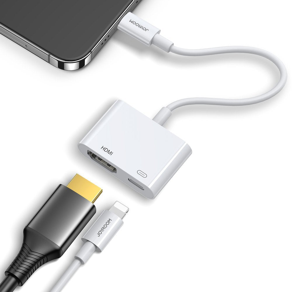 Joyroom S-H141 Lightning (vyriškas) – HDMI FullHD 1080p 60Hz (moteris) / Lightning (moteriškas) adapteris – baltas -- USB...