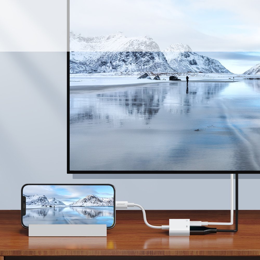 Joyroom S-H141 Lightning (vyriškas) – HDMI FullHD 1080p 60Hz (moteris) / Lightning (moteriškas) adapteris – baltas -- USB...