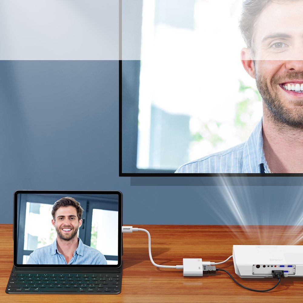 Joyroom S-H141 Lightning (vyriškas) – HDMI FullHD 1080p 60Hz (moteris) / Lightning (moteriškas) adapteris – baltas -- USB...