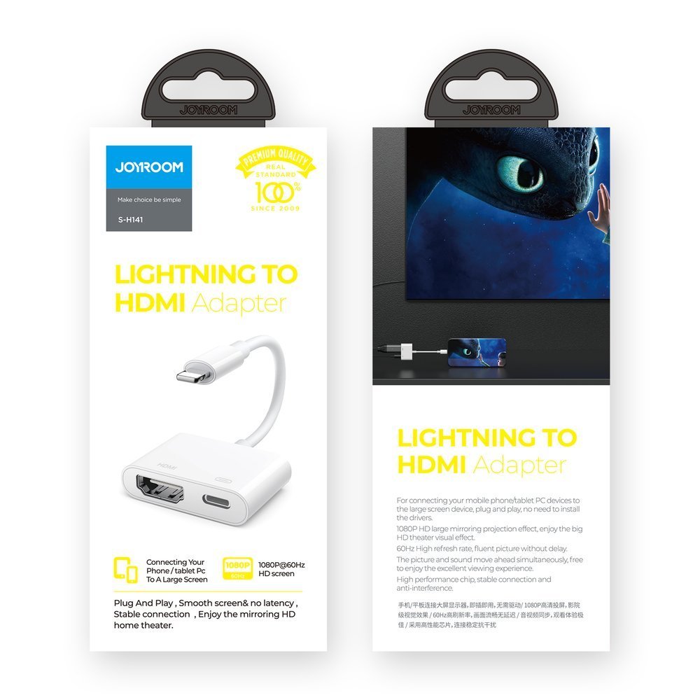 Joyroom S-H141 Lightning (vyriškas) – HDMI FullHD 1080p 60Hz (moteris) / Lightning (moteriškas) adapteris – baltas -- USB...