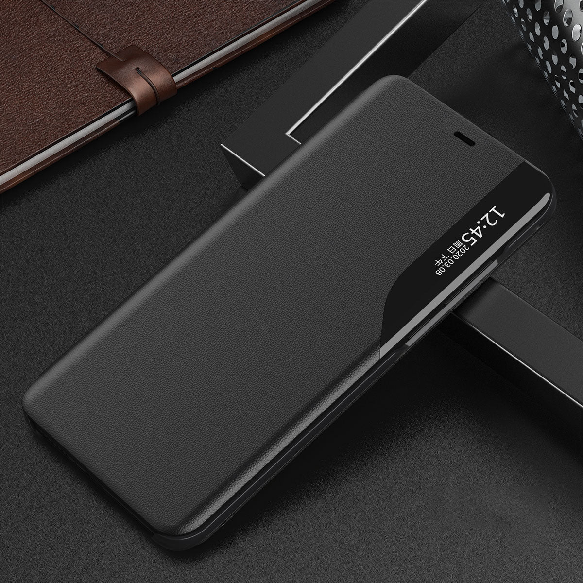 Eco Leather View dėklas iPhone 13 Pro Max – juodas