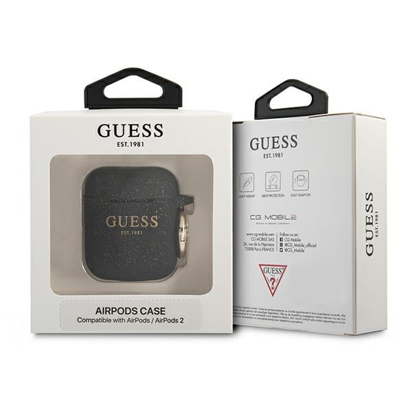 Guess silikoninis dėklas AirPods 1/2 – juodas su blizgučiais