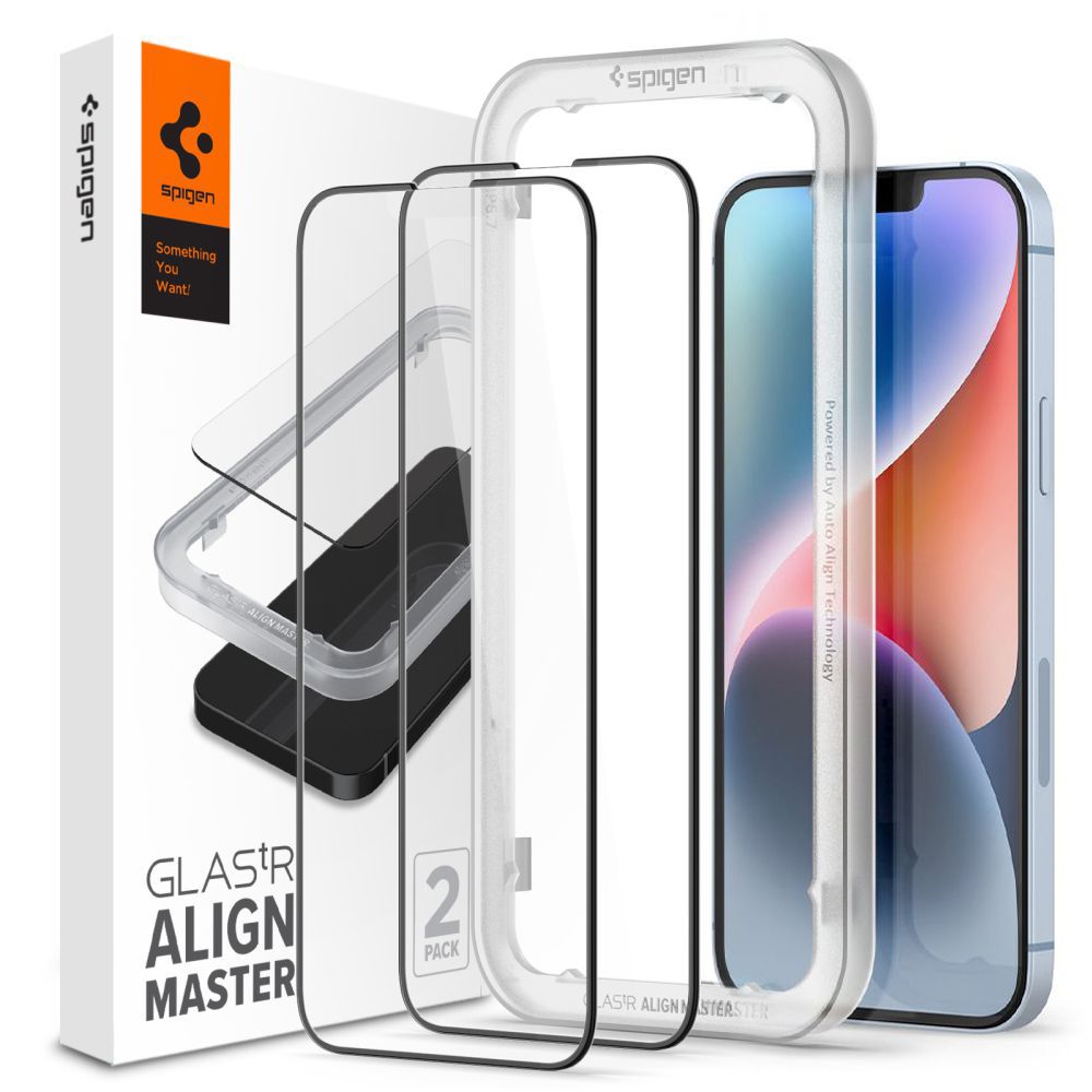Spigen AlignMaster stiklas iPhone 13/14/16e – juodas (2 vnt.)