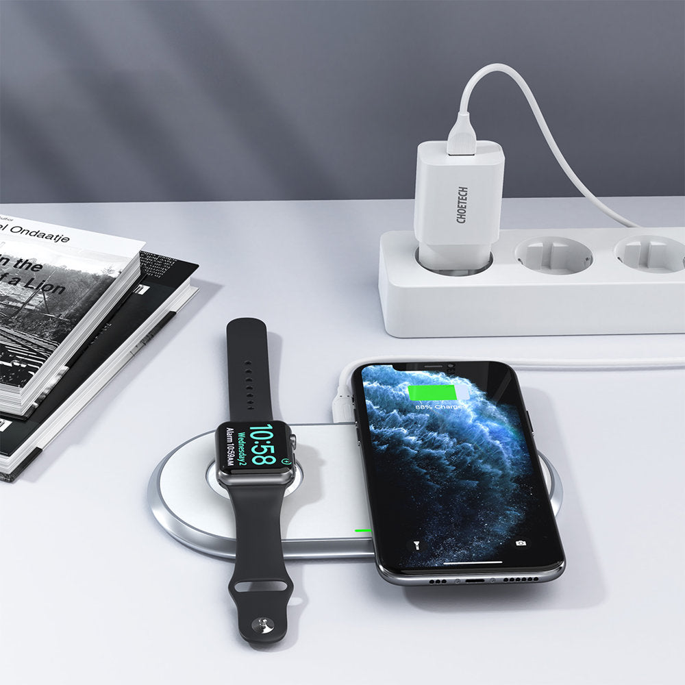 Choetech Qi 2in1 belaidis įkroviklis išmaniesiems telefonams / Apple Watch su stovu (MFI) USB Type C baltas (T317)