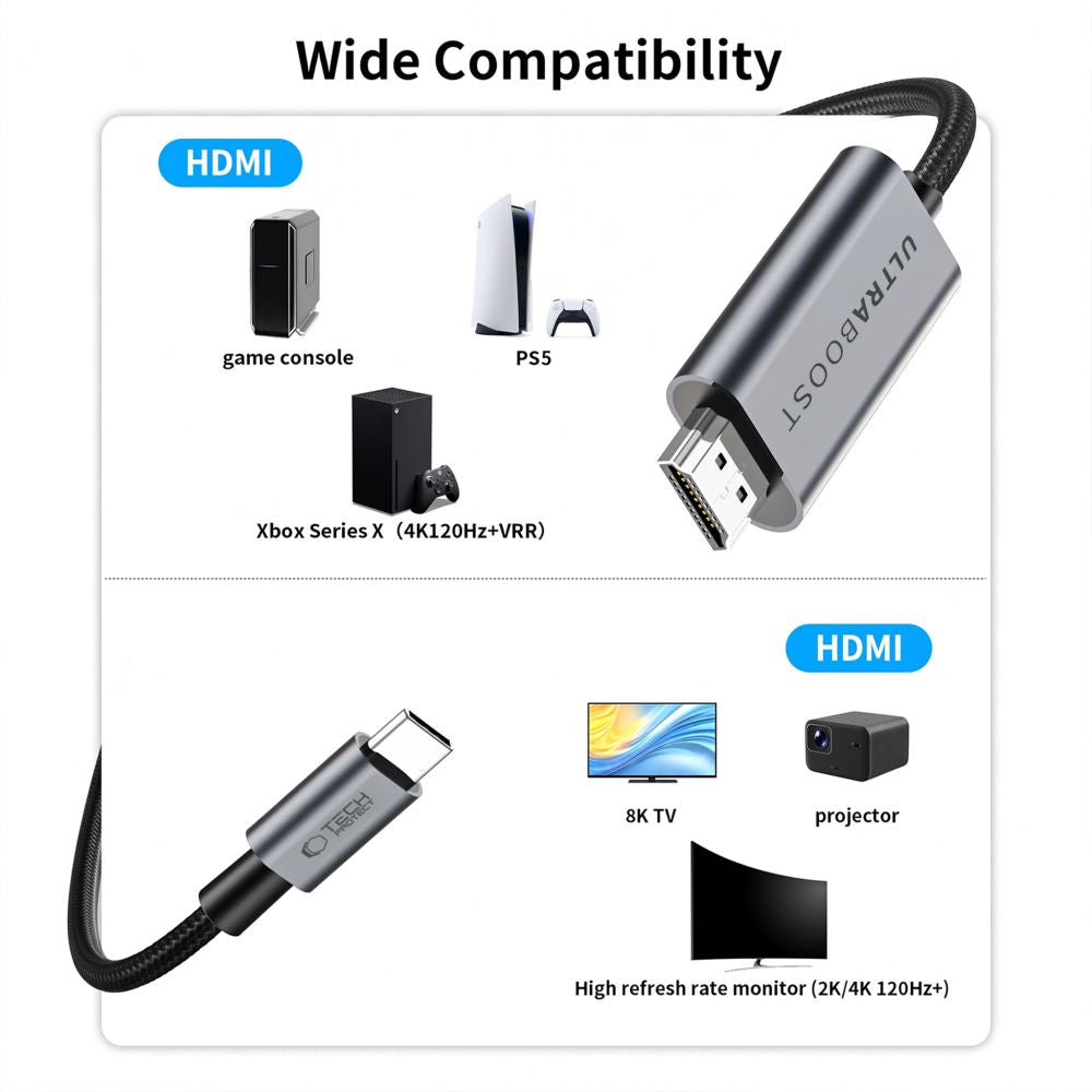 Kabelis Tech-Protect UltraBoost USB-C į HDMI 2.1 8K 60 Hz 300 cm, pilkas -- Uncategorized