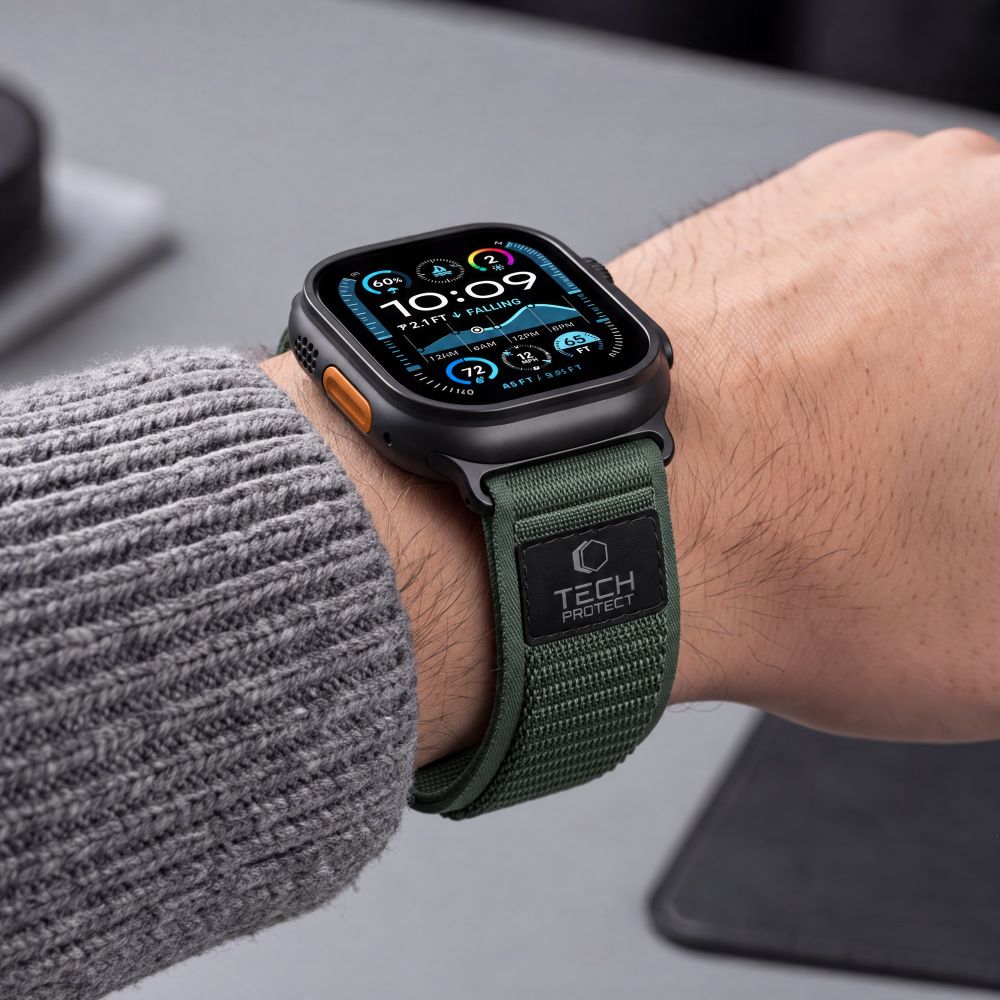 Dirželis Tech-Protect Nylon Elite Apple Watch 8 / 9 / 10 / 11 / 12 / SE / Ultra (44 / 45 / 46 / 49 mm), žalias/oranžinis...
