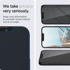 Spigen EZ Fit privatumo grūdintas stiklas iPhone 13/14/16e – 2 vnt. -- iPhone 13 / iPhone 13 Pro / iPhone 14 / iPhone 16e