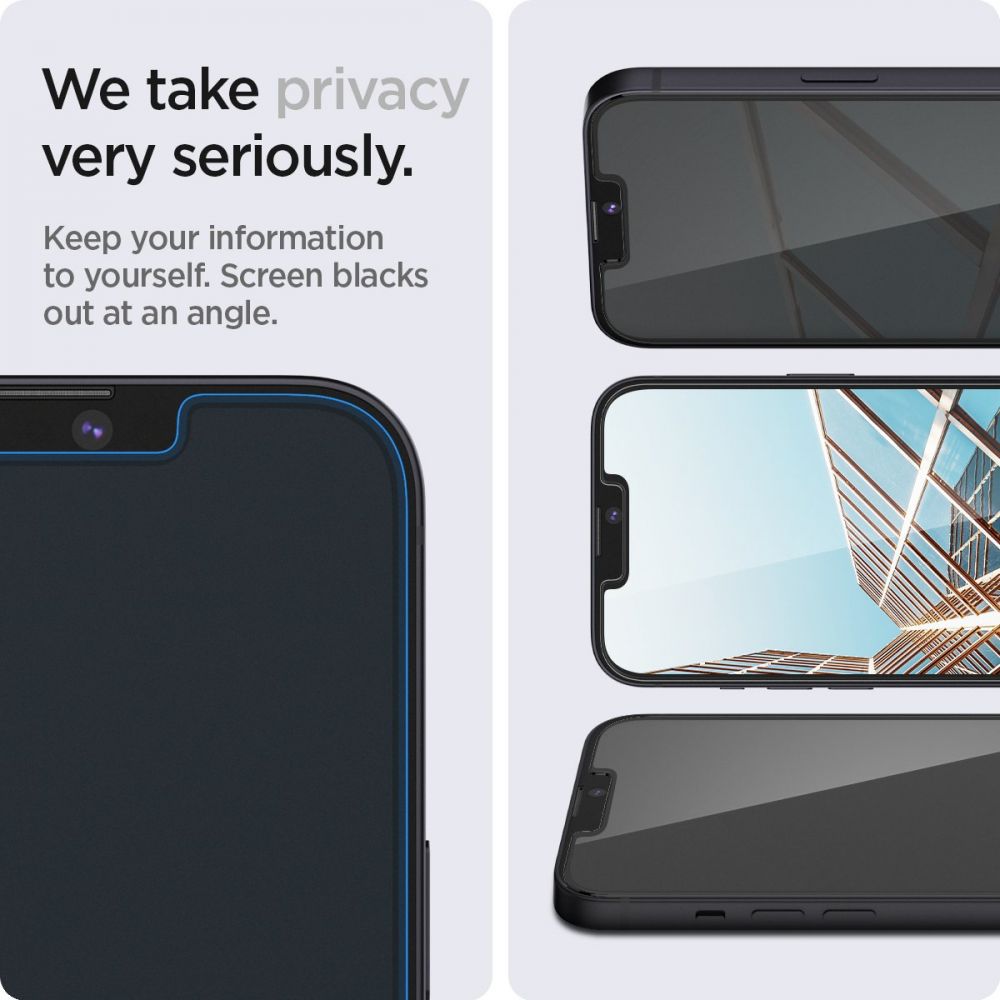Spigen EZ Fit privatumo grūdintas stiklas iPhone 13/14/16e – 2 vnt. -- iPhone 13 / iPhone 13 Pro / iPhone 14 / iPhone 16e