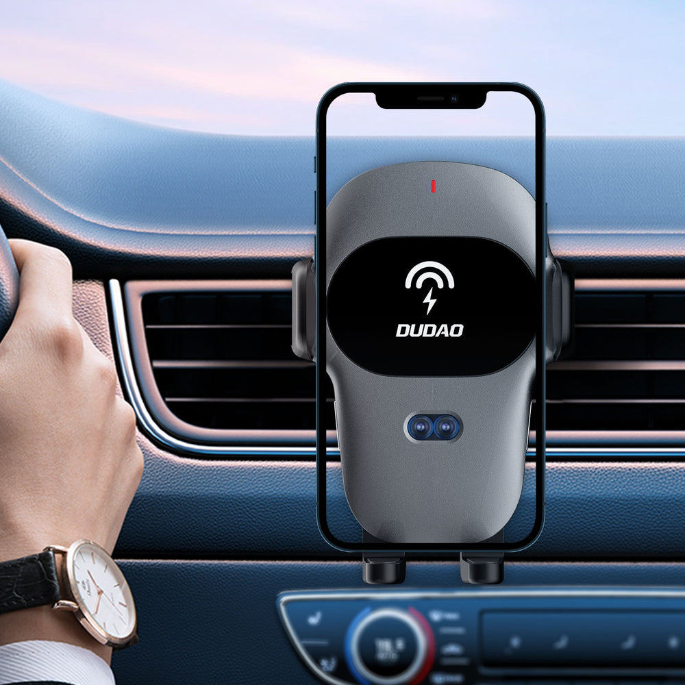 Dudao automatinis automobilinis laikiklis su integruotu Qi 15W belaidžiu įkrovikliu, pilkas (F20xs)