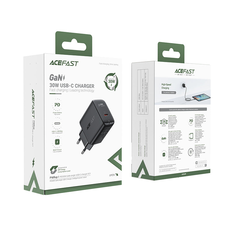 Acefast GaN USB Type-C 30W įkroviklis, PD, QC 3.0, AFC, FCP, juodas (A21 juodas)