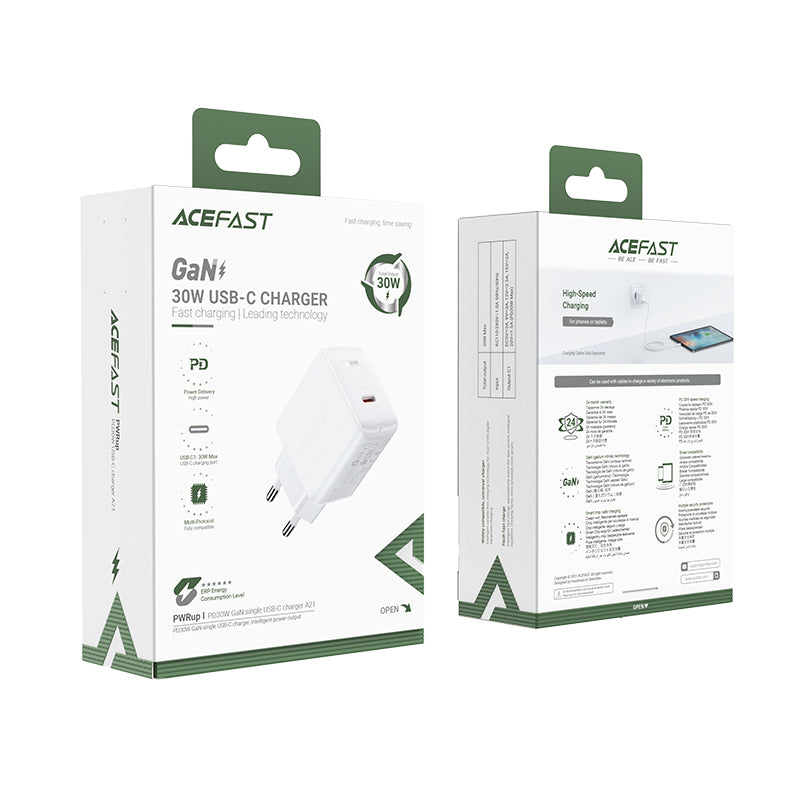 Acefast GaN USB Type-C 30W įkroviklis, PD, QC 3.0, AFC, FCP, baltas (A21 baltas)