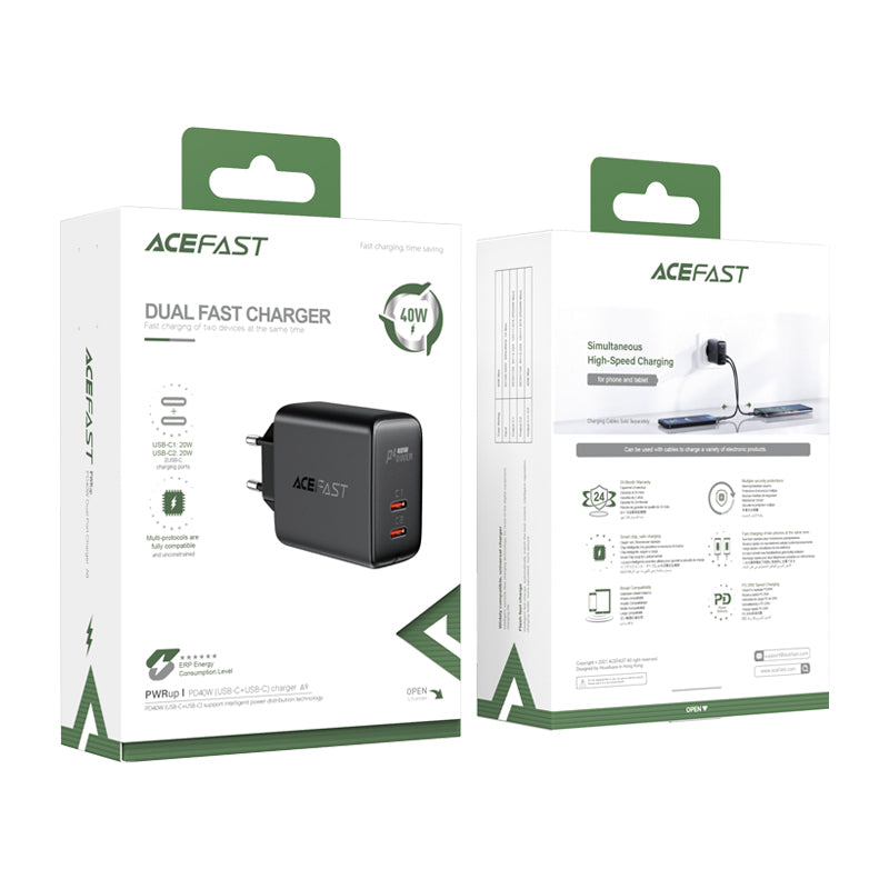 Acefast 2x USB Type-C 40W įkroviklis, PPS, PD, QC 3.0, AFC, FCP, juodas (A9 juodas)
