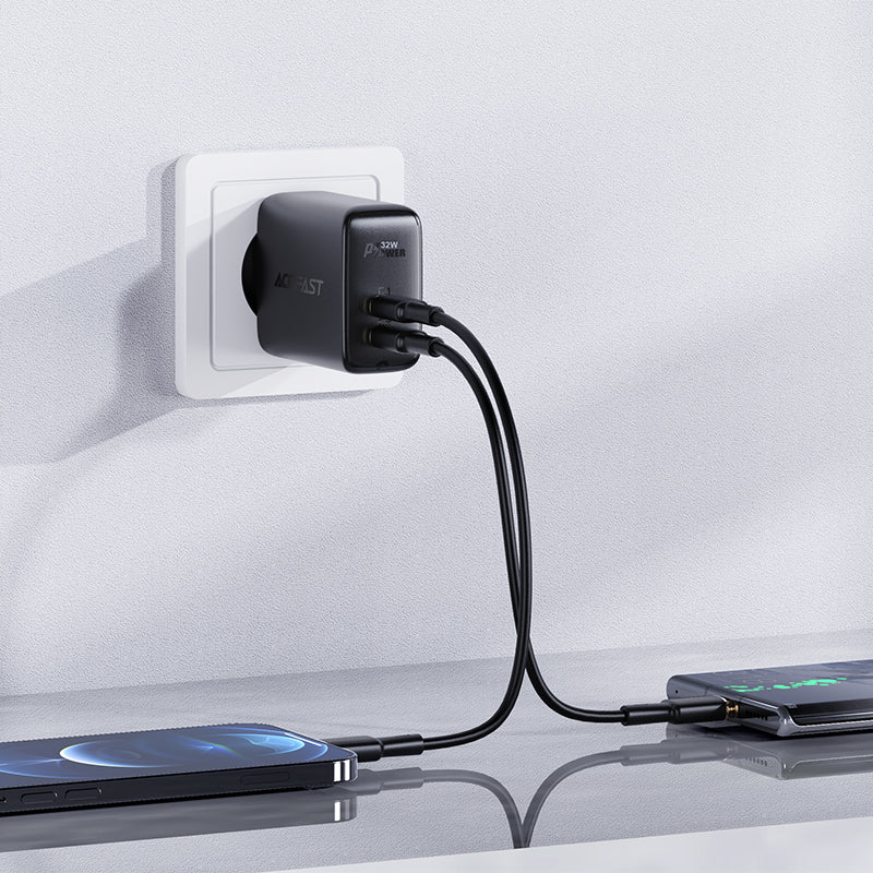 Acefast sieninis įkroviklis USB Type-C / USB 32W, PPS, PD, QC 3.0, AFC, FCP, juodas (A5 juodas)