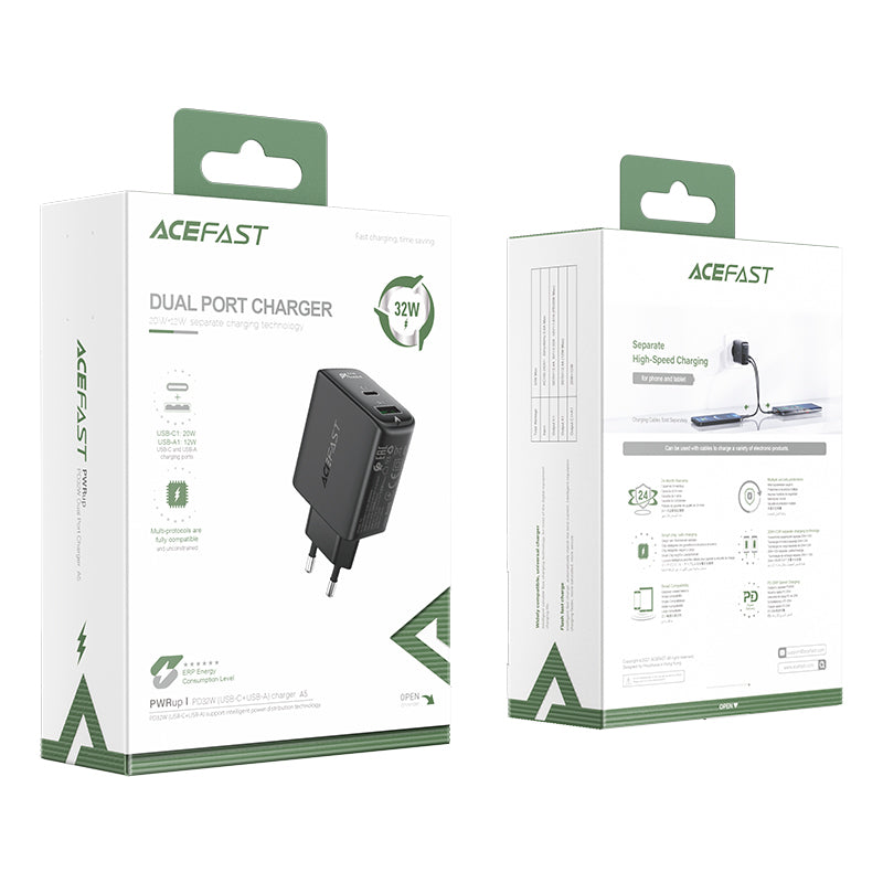 Acefast sieninis įkroviklis USB Type-C / USB 32W, PPS, PD, QC 3.0, AFC, FCP, juodas (A5 juodas)