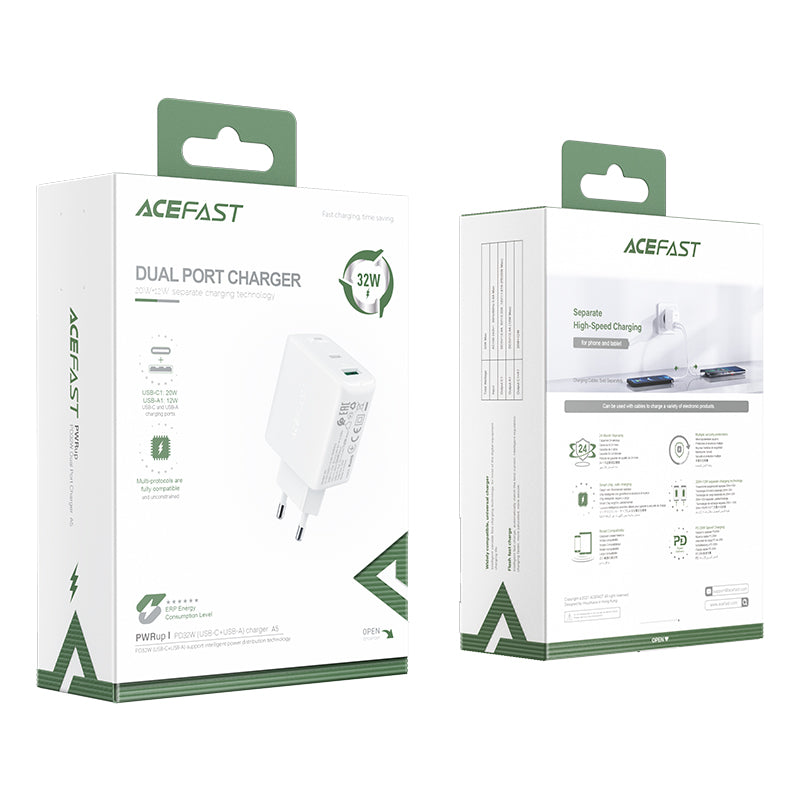 Acefast sieninis įkroviklis USB Type-C / USB 32W, PPS, PD, QC 3.0, AFC, FCP, baltas (A5 baltas)