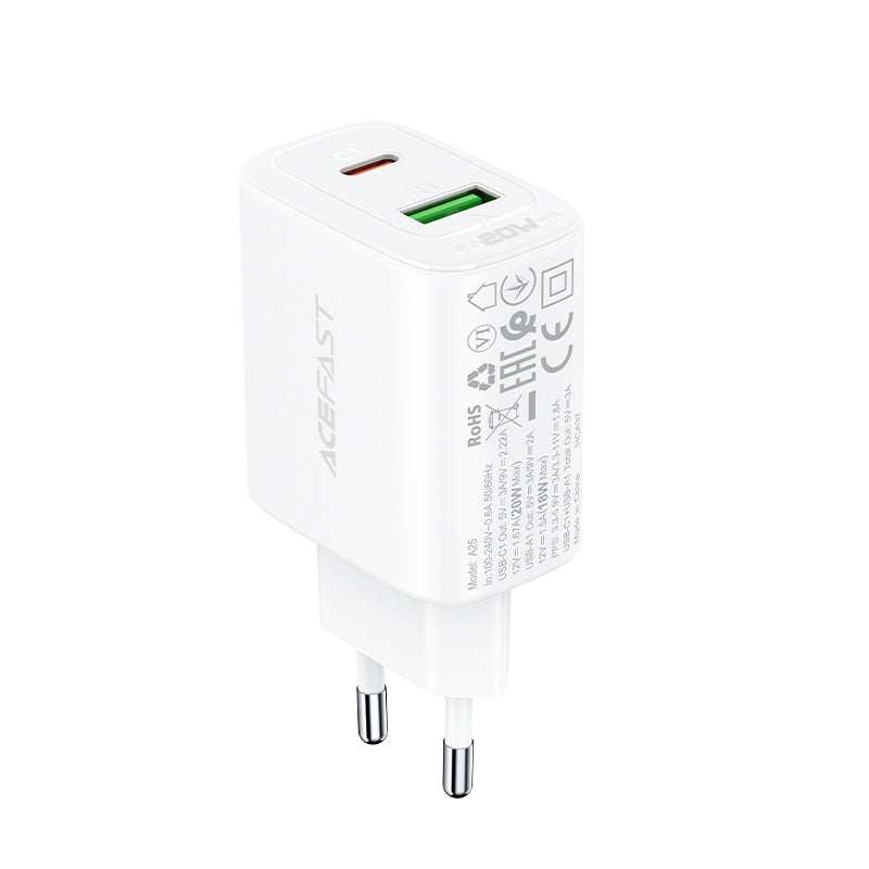 Acefast sieninis įkroviklis USB Type-C / USB 20W, PPS, PD, QC 3.0, AFC, FCP, baltas (A25 baltas)
