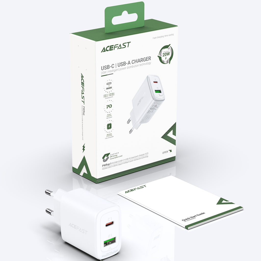 Acefast sieninis įkroviklis USB Type-C / USB 20W, PPS, PD, QC 3.0, AFC, FCP, baltas (A25 baltas)
