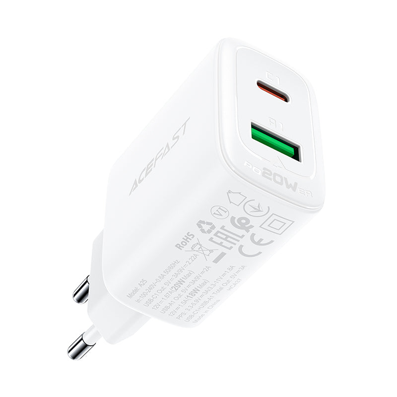 Acefast sieninis įkroviklis USB Type-C / USB 20W, PPS, PD, QC 3.0, AFC, FCP, baltas (A25 baltas)