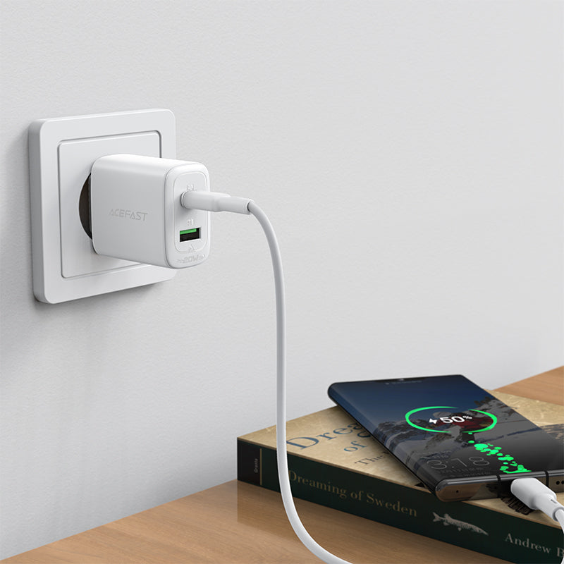 Acefast sieninis įkroviklis USB Type-C / USB 20W, PPS, PD, QC 3.0, AFC, FCP, baltas (A25 baltas)