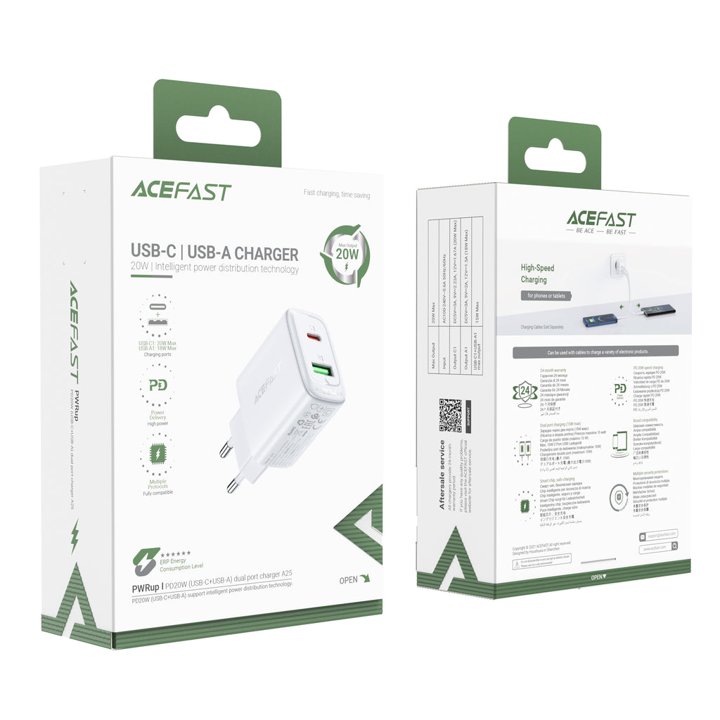 Acefast sieninis įkroviklis USB Type-C / USB 20W, PPS, PD, QC 3.0, AFC, FCP, baltas (A25 baltas)