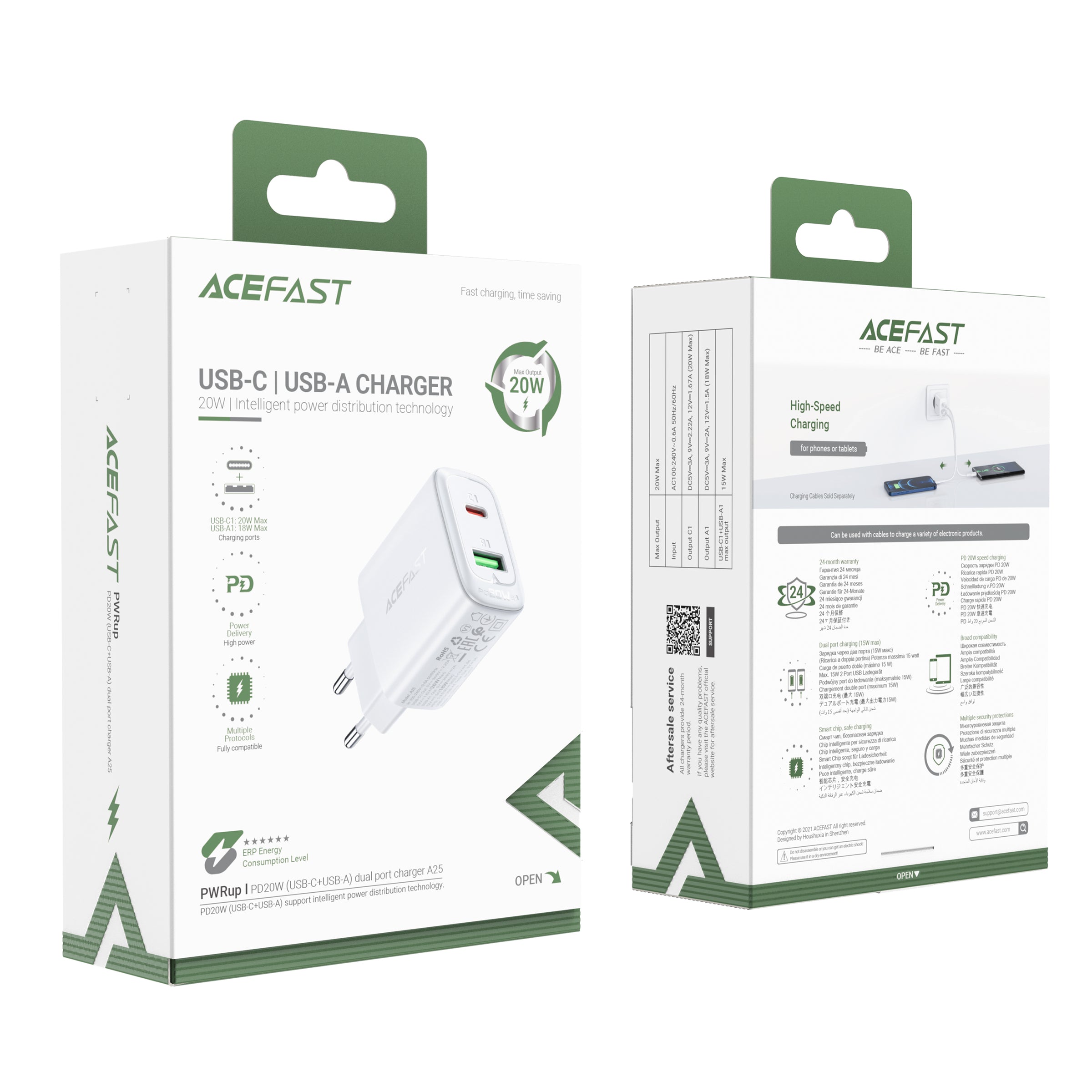Acefast sieninis įkroviklis USB Type-C / USB 20W, PPS, PD, QC 3.0, AFC, FCP, baltas (A25 baltas)