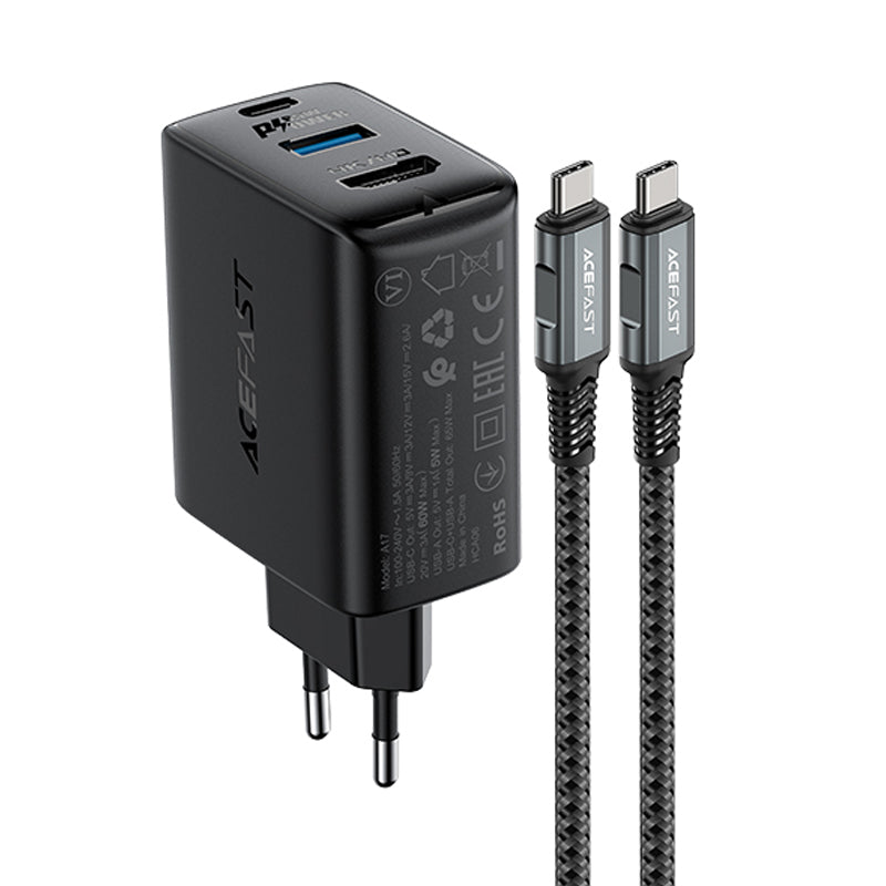 Acefast 2-in-1 GaN 65W įkroviklis USB Type-C / USB, HDMI 4K 60Hz adapteris (rinkinys su laidu), juodas (A17 juodas)