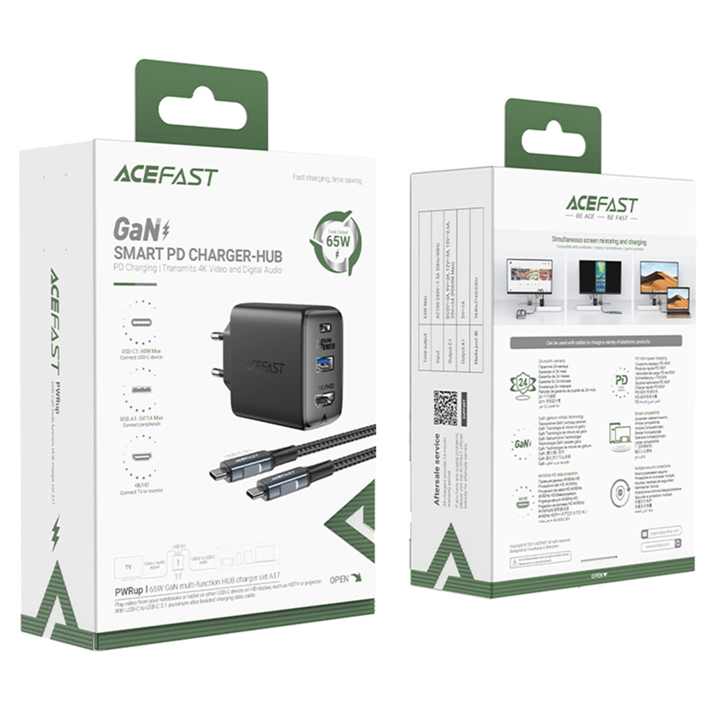 Acefast 2-in-1 GaN 65W įkroviklis USB Type-C / USB, HDMI 4K 60Hz adapteris (rinkinys su laidu), juodas (A17 juodas)