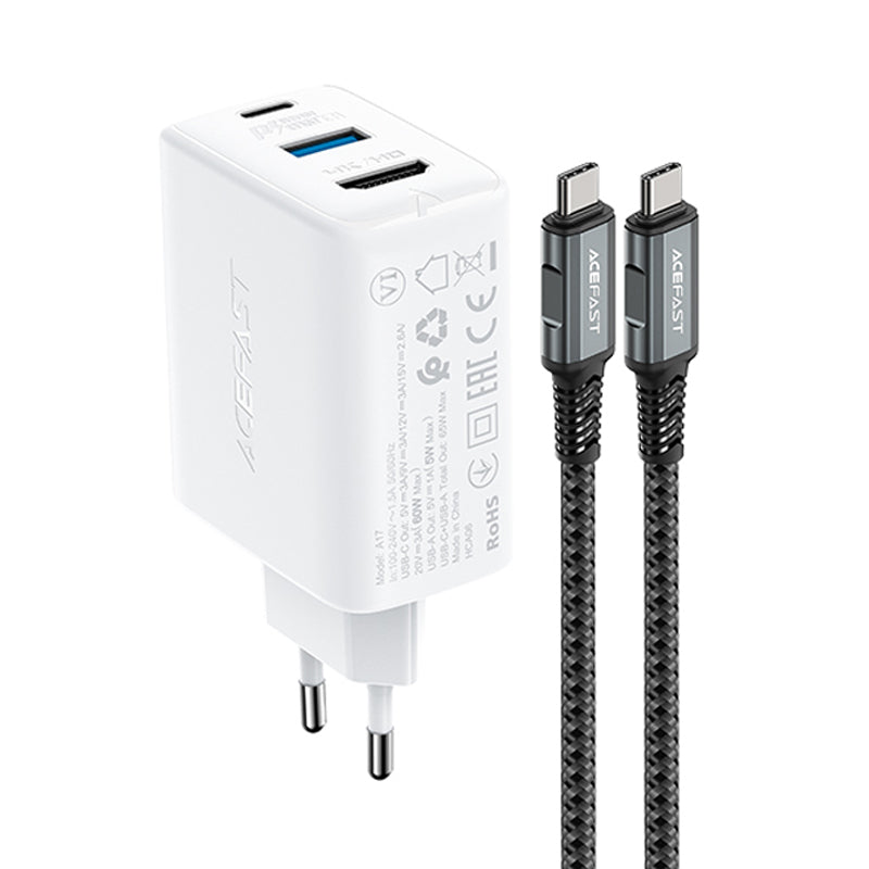 Acefast 2-in-1 GaN 65W įkroviklis USB Type-C / USB, HDMI 4K @ 60Hz adapteris (rinkinys su laidu), baltas (A17 baltas)