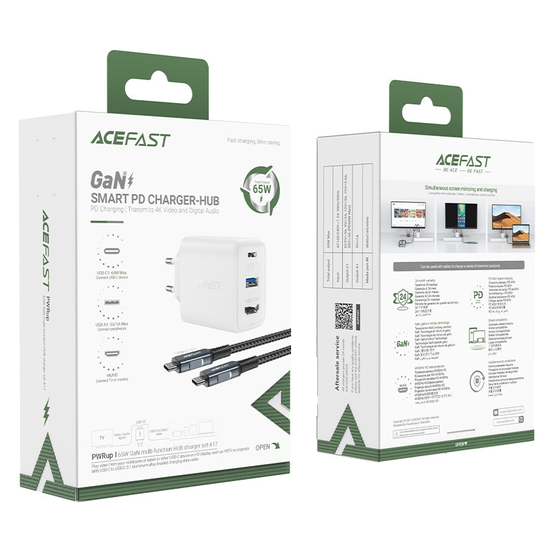 Acefast 2-in-1 GaN 65W įkroviklis USB Type-C / USB, HDMI 4K @ 60Hz adapteris (rinkinys su laidu), baltas (A17 baltas)
