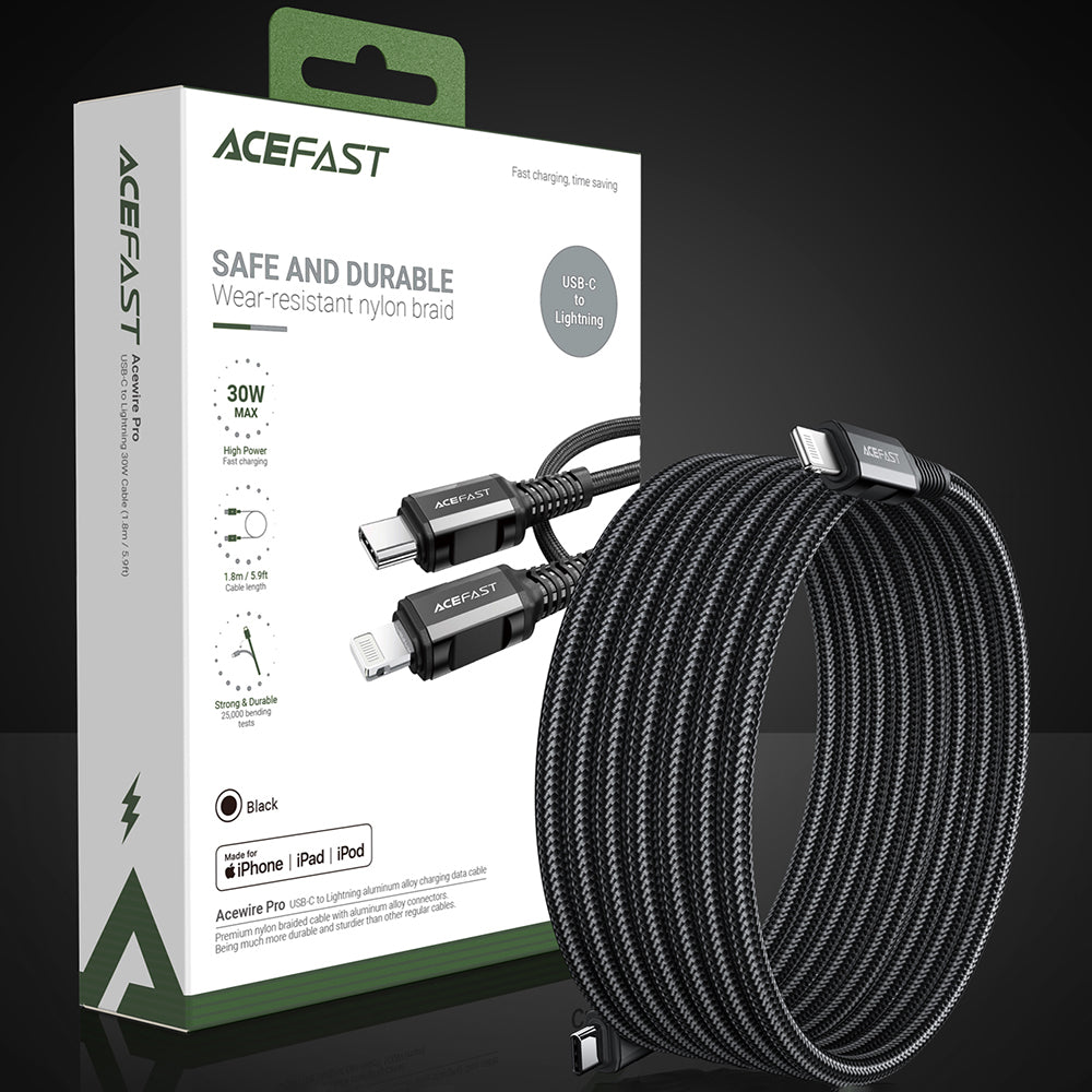 Acefast C4-01 laidas Lightning - USB-C PD 30W 3A 480Mb/s 1.8m - juodas