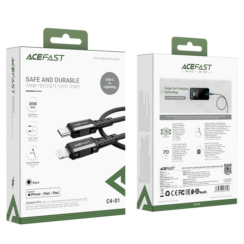 Acefast C4-01 laidas Lightning - USB-C PD 30W 3A 480Mb/s 1.8m - juodas