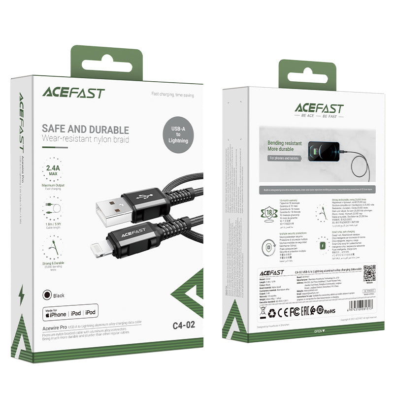 Acefast MFI laidas USB - Lightning 1.8m, 2.4A juodas (C4-02 A Black)