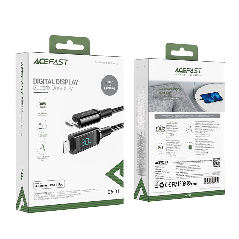 Acefast MFI laidas USB Type C - Lightning 1.2m, 30W, 3A juodas (C6-01 Black)