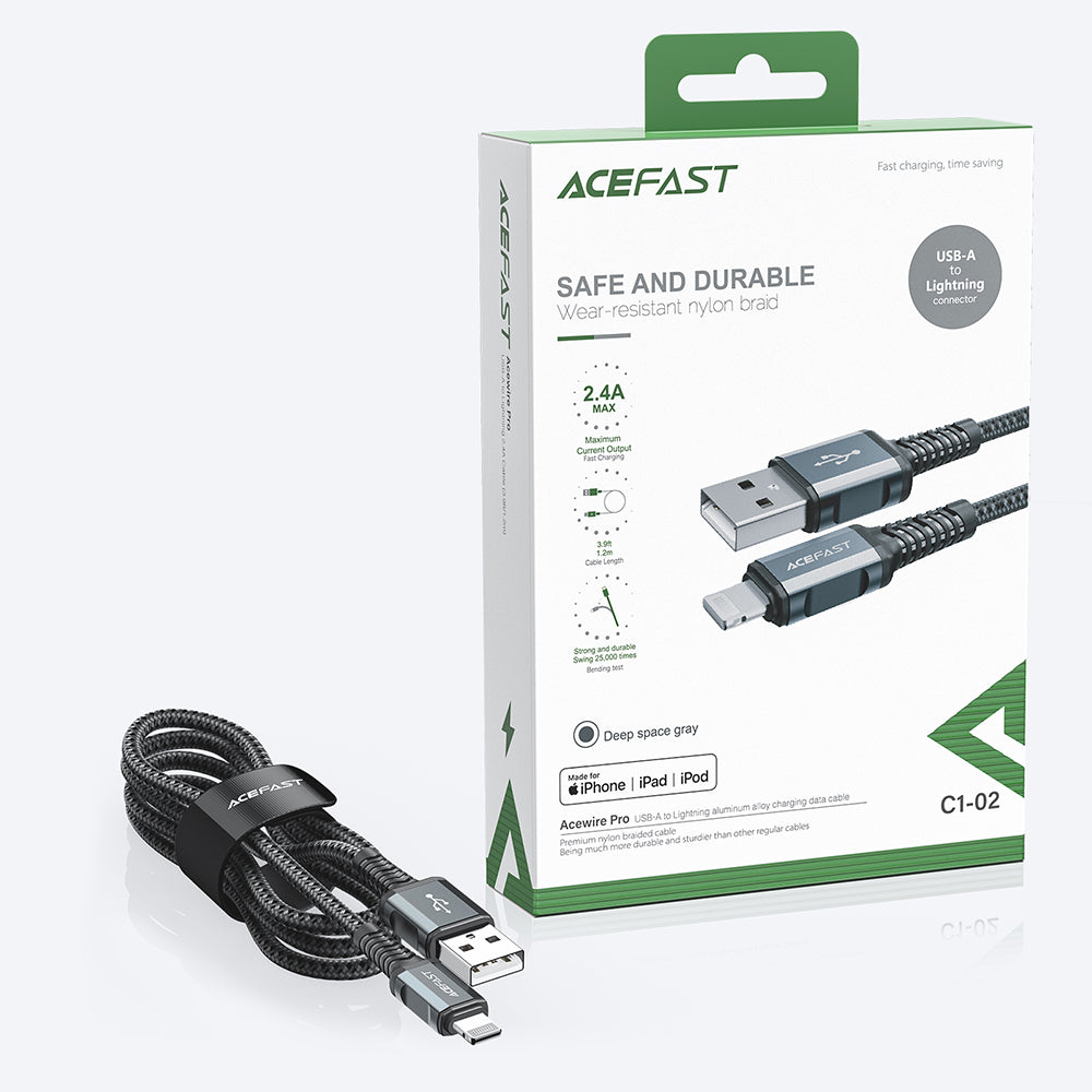 Acefast MFI laidas USB - Lightning 1.2m, 2.4A juodas (C1-02 black)