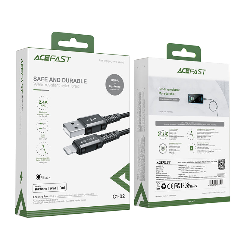 Acefast MFI laidas USB - Lightning 1.2m, 2.4A juodas (C1-02 black)