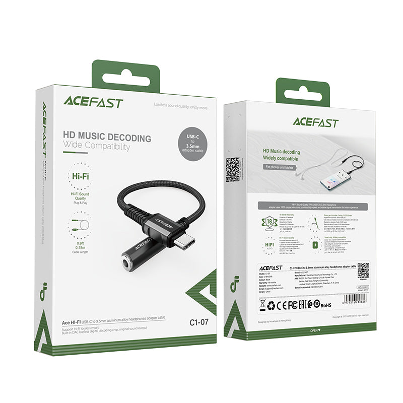 Acefast garso kabelis USB Type C - 3.5mm mini lizdas (moterys) 18cm, AUX juodas (C1-07 juodas) -- Audio Adapters