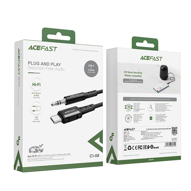 Acefast garso kabelis USB Type C - 3.5mm mini kištukas (samčius) 1.2m, AUX juodas (C1-08) -- Audio Cables