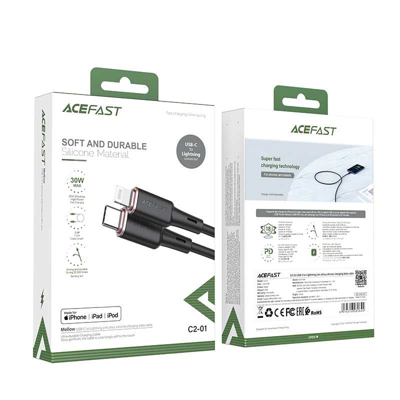 Acefast MFI USB-C - Lightning laidas 1.2 m, 30W, 3A, juodas (C2-01 black)