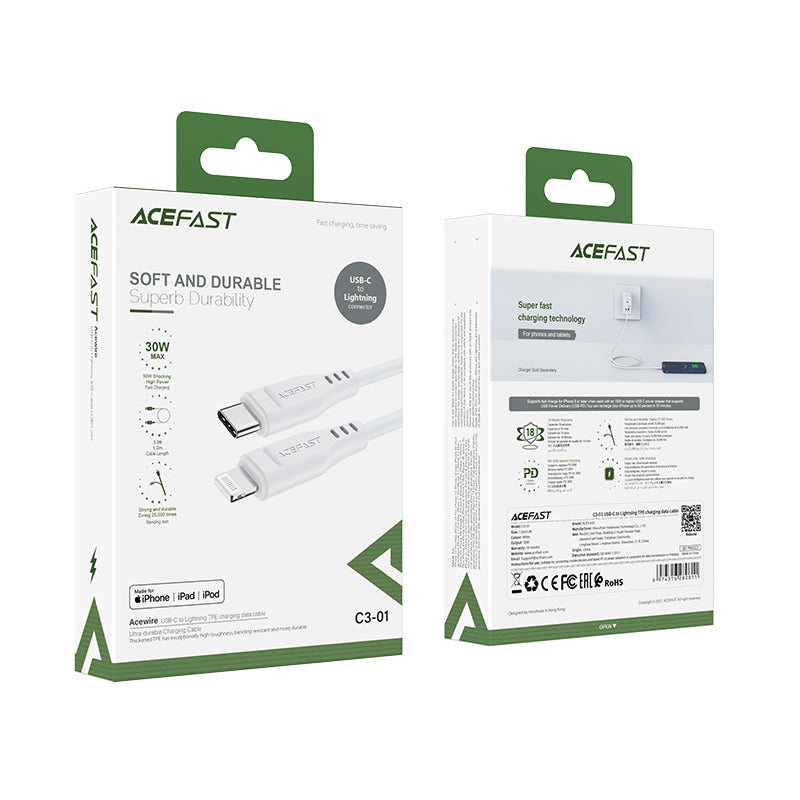 Acefast C3-01 Lightning - USB-C PD laidas 30W 3A 480Mb/s 1.2 m, baltas
