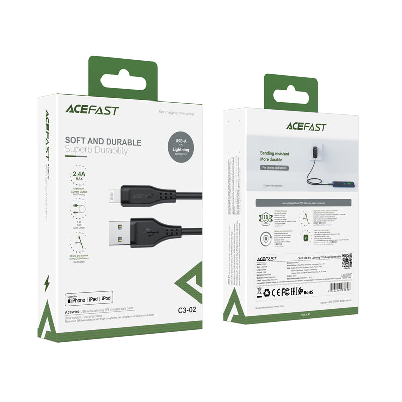 Acefast MFI USB - Lightning laidas 1.2 m, 2.4A, juodas (C3-02 black)