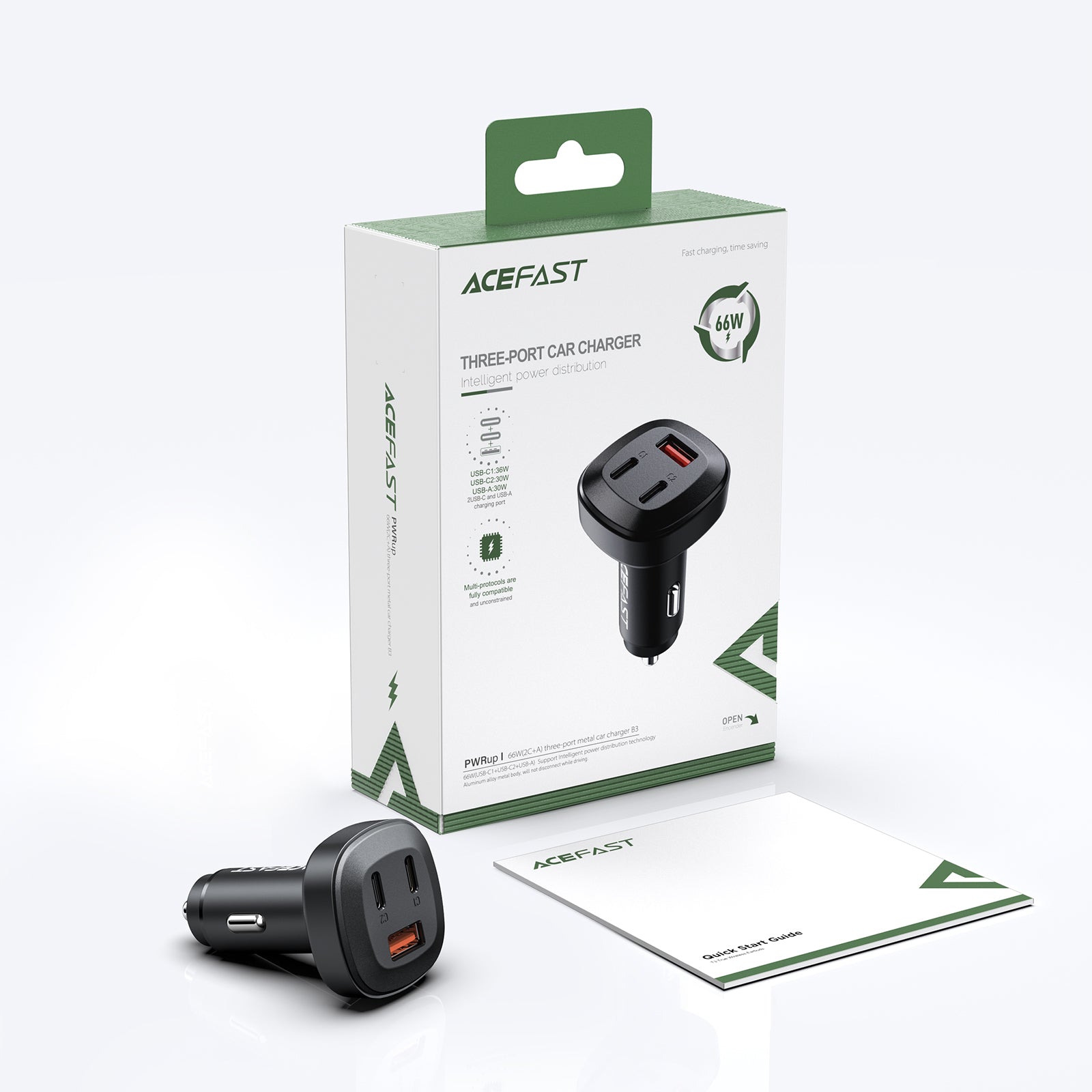Acefast automobilinis įkroviklis 66W 2x USB Type-C / USB, PPS, Power Delivery, Quick Charge 4.0, AFC, FCP, SCP, juodas (B3 juodas)
